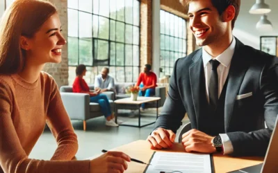 DALL·E 2025-01-23 17.31.56 - A professional office environment with a recruiter discussing opportunities with a young intern in a bright and modern workspace. The setting includes