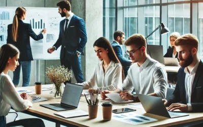 DALL·E 2025-01-23 17.34.58 - A modern office scene focused on teamwork and collaboration. A small group of professionals, including a recruiter and young talents, are brainstormin